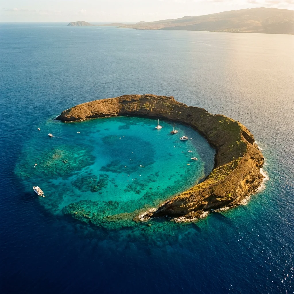 Stunning aerial view of Molokini Crater's crescent shape, answering frequently asked questions about its formation and location